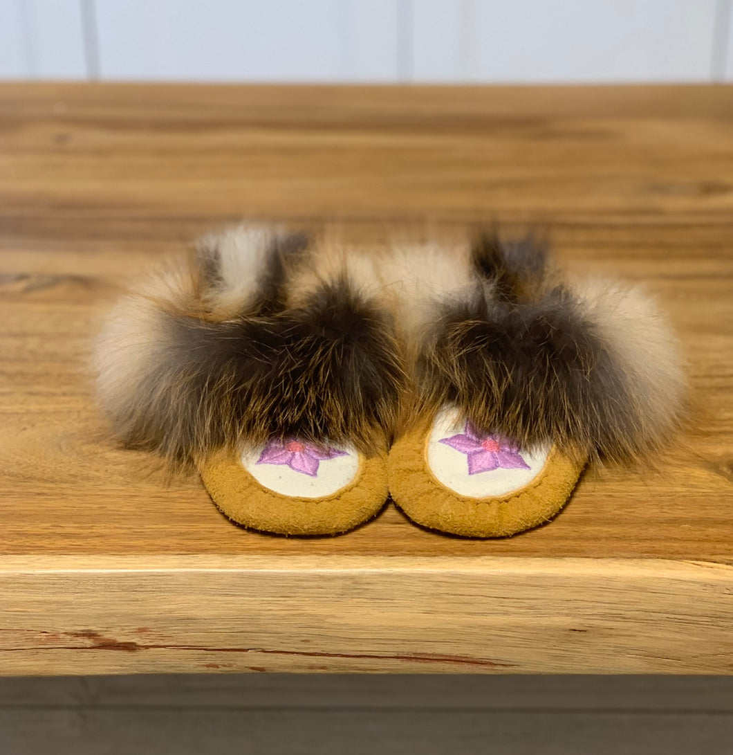 Embroidered Pink Moccasins with Fox Trim